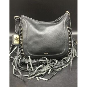Lauren Ralph Lauren Fringe Fleetwood Hobo Bag Purse Black Leather Bohemian